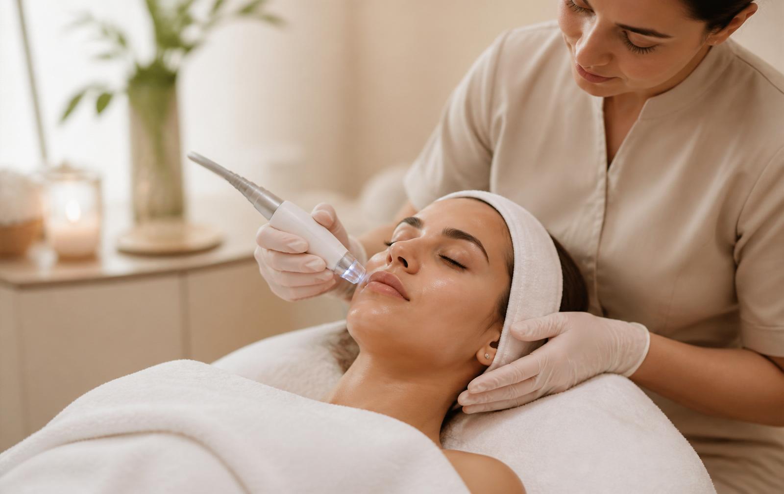 Tratamiento facial con aparatología a una mujer relajada en un spa de bienestar
