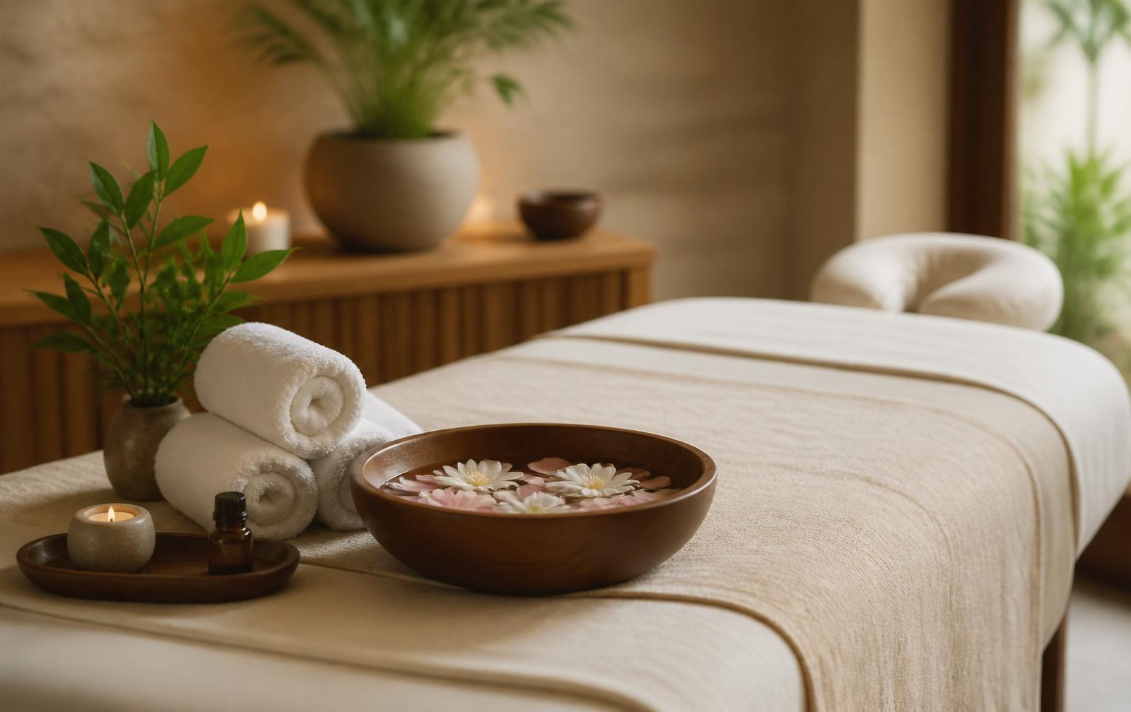 Sala de spa serena con camilla, toallas y un cuenco con pétalos de flores